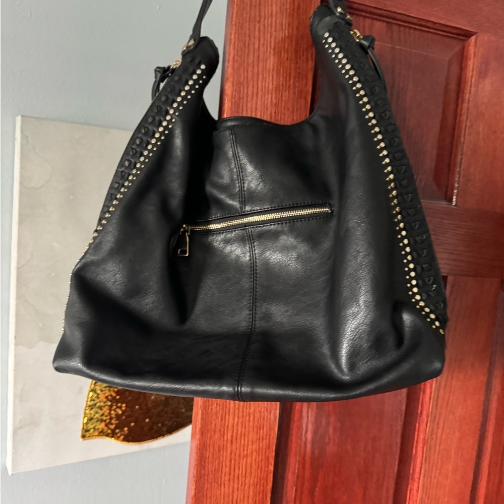 Black Studded Faux Leather Shoulder Bag